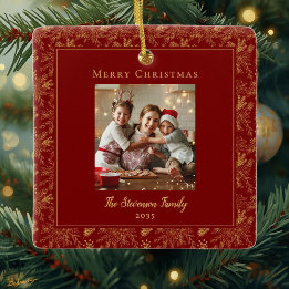 Elegant Merry Christmas Red Faux Gold Photo Ceramic Ornament