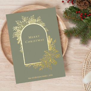 Elegant Merry Christmas Sage Green Gold  Foil Holiday Card