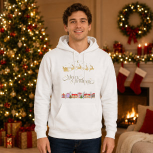 Elegant Merry Christmas Santa Sleigh Men’s White Hoodie