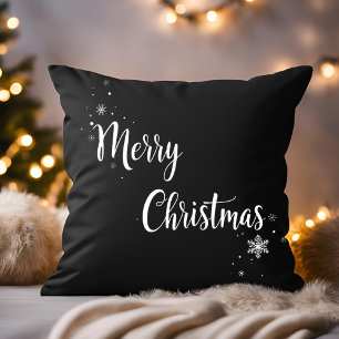 Elegant Merry Christmas Script Black Family Throw Pillow