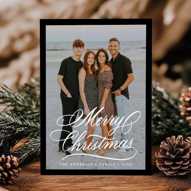 Elegant Merry Christmas Script Black Frame 2 Photo Holiday Card (Creator Uploaded)