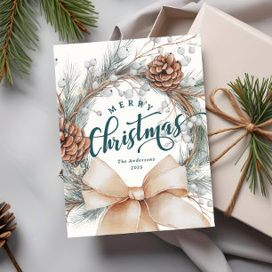 Elegant Merry Christmas Script Botanical Wreath Holiday Postcard