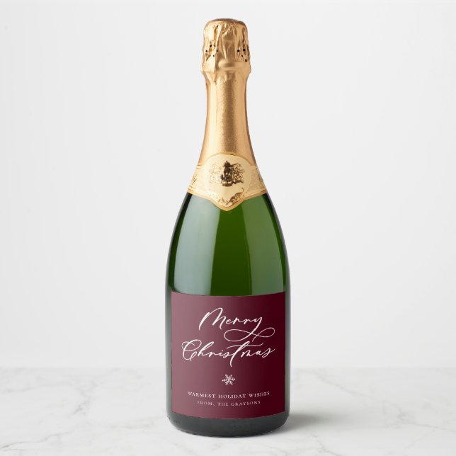 Elegant Merry Christmas Script Burgundy Holiday Sparkling Wine Label (Front)
