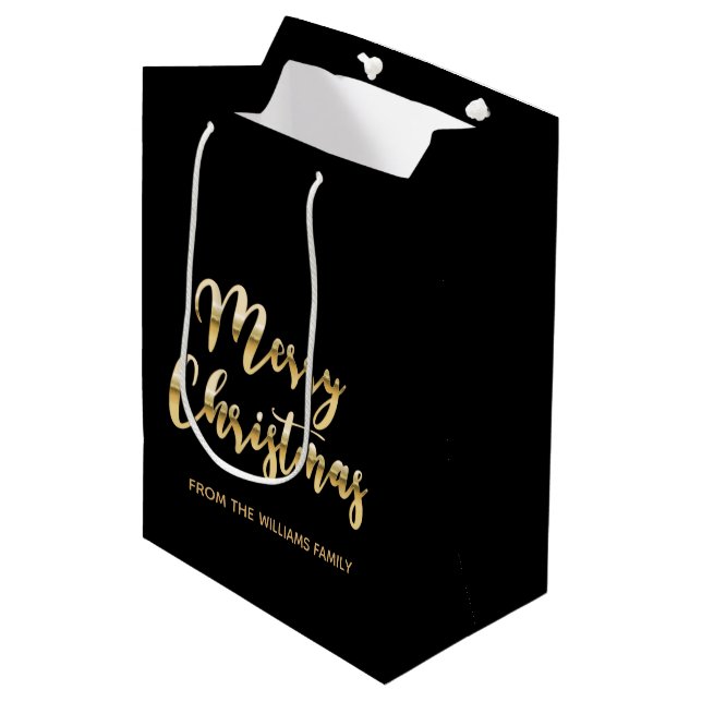 Elegant Merry Christmas script metallic gold black Medium Gift Bag (Front Angled)