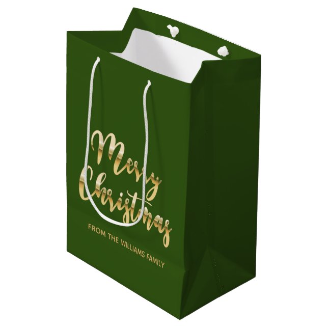 Elegant Merry Christmas script metallic gold green Medium Gift Bag (Front Angled)