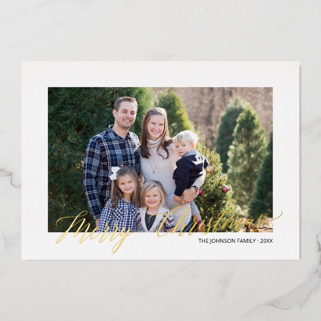 Elegant Merry Christmas Script Personalized  Foil Holiday Card (Front)