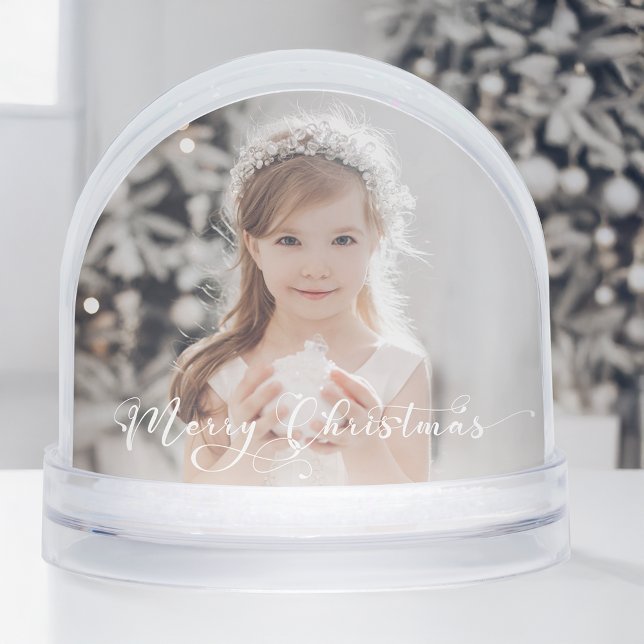Elegant Merry Christmas Script Photo Snow Globe (Creator Uploaded)