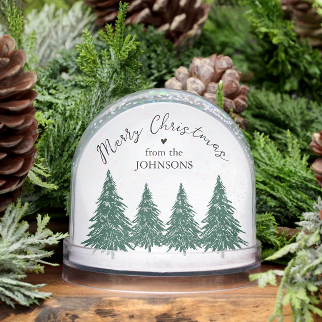 Elegant Merry Christmas Script Pine Trees Snowglobe (Winter)