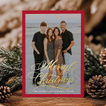 Elegant Merry Christmas Script Red 2 Photo Foil Holiday Card<br><div class="desc">Introducing the Elegant Merry Christmas Red and Gold Foil Script holiday photo card, a beautifully simple and modern way to send holiday cheer. Featuring your vertical photo framed in red, the card displays "Merry Christmas" in elegant gold foil calligraphy overlaying the image. Customize with your name and the year in...</div>