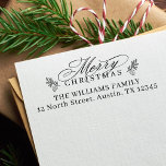 Elegant Merry Christmas Script Return Address Rubber Stamp<br><div class="desc">This Holiday stamp featuring a 'Merry Christmas' script with pinecone twigs. For more advanced customization of this design,  please click the DESIGN TOOL BUTTON above!</div>