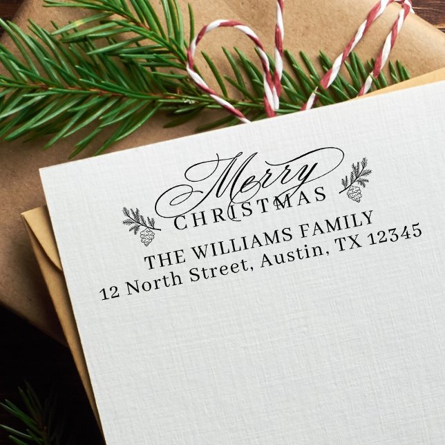 Elegant Merry Christmas Script Return Address Rubber Stamp (Creator Uploaded)