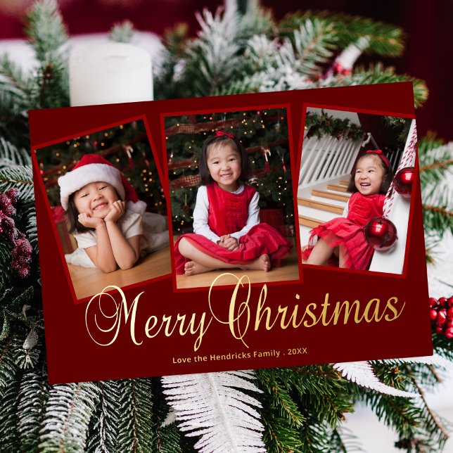 Elegant Merry Christmas Script Three Photo Foil Holiday Card (Creator Uploaded)