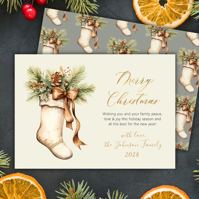 Elegant Merry Christmas Script Watercolor Stocking Holiday Card (Creator Uploaded)