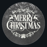 Elegant Merry Christmas Snowflakes Chalkboard Classic Round Sticker<br><div class="desc">Featuring falling snow over an elegant Merry Christmas design on a vintage chalkboard background. Designed by Thisisnotme©</div>