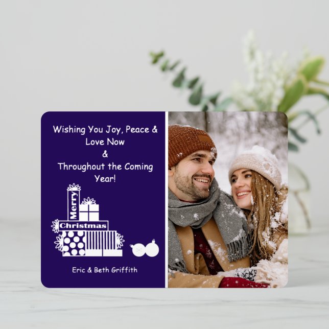 Elegant Merry Christmas Stack of Presents Photo Foil Holiday Card (Standing Front)