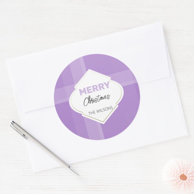 Elegant Merry Christmas Tartan Lilac Violet Classic Round Sticker (Envelope)