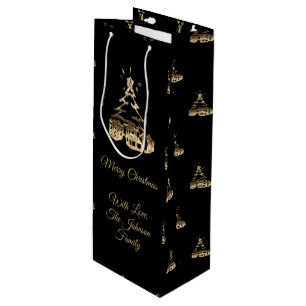 Elegant Merry Christmas Tree Black and Gold Look Wine Gift Bag