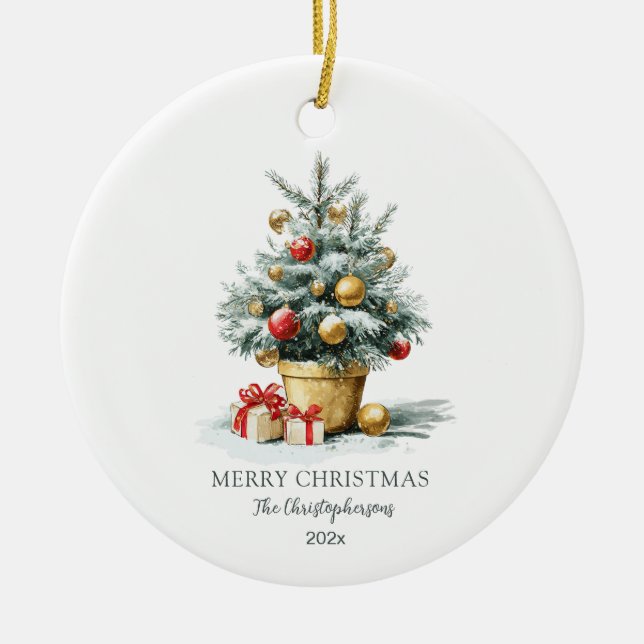 Elegant Merry Christmas Tree Ceramic Ornament (Front)