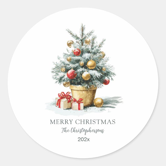 Elegant Merry Christmas Tree Classic Round Sticker (Front)