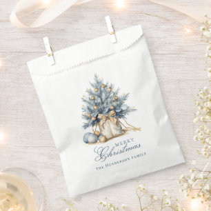 Elegant Merry Christmas Tree Gold Blue Custom Name Favour Bag