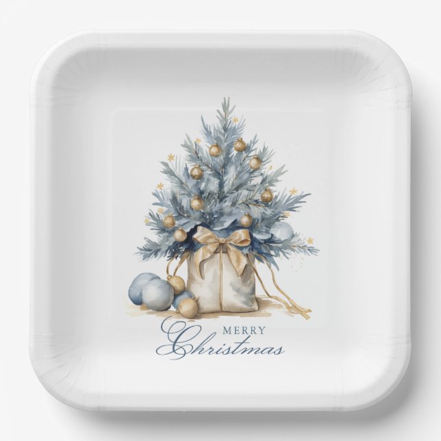 Elegant Merry Christmas Tree Gold Blue Watercolor Paper Plate (Front)