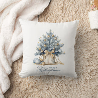 Elegant Merry Christmas Tree Gold Blue Watercolor Throw Pillow