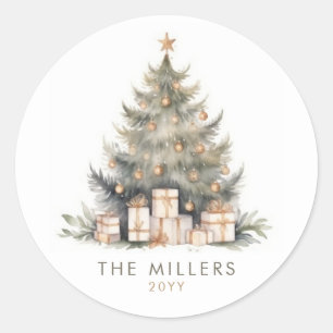 Elegant Merry Christmas Tree Gold Minimalist Classic Round Sticker