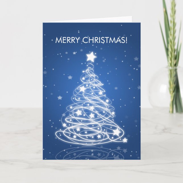 Elegant Merry Christmas Tree MOD Blue Holiday Card (Front)