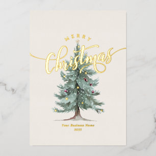 Elegant Merry Christmas Tree Script Business Logo Foil Holiday Card