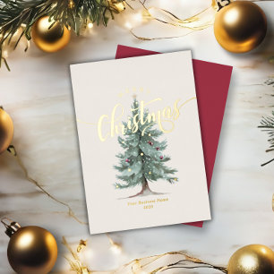 Elegant Merry Christmas Tree Script Business Logo Foil Holiday Card