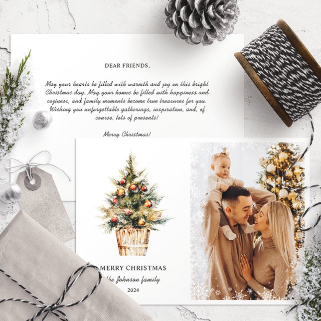 Elegant Merry Christmas Tree Snowflakes One Photo  Holiday Card (Creator Uploaded)
