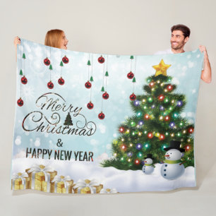 Elegant Merry Christmas Tree with Red berries Boll Fleece Blanket