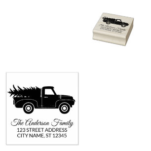 Elegant Merry Christmas truck and tree Rubber Stamp