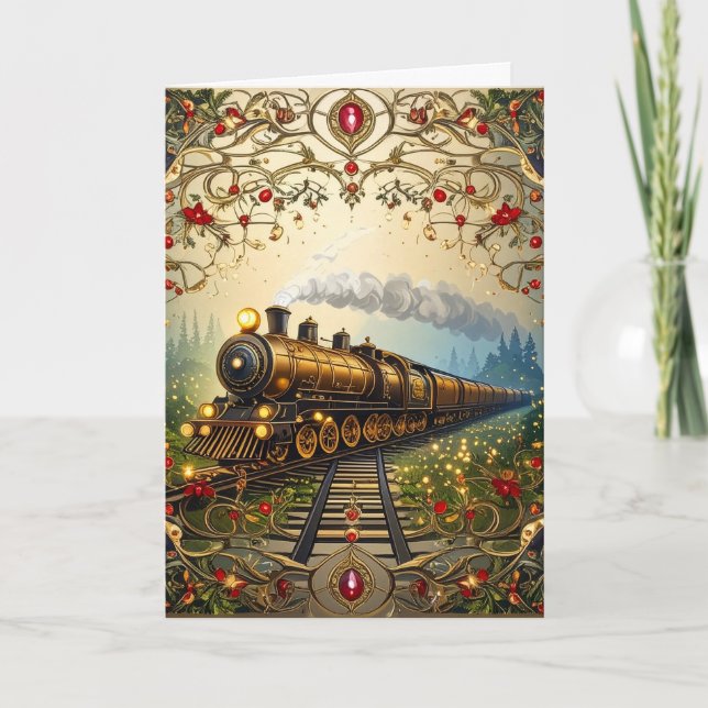 Elegant Merry Christmas Victorian Nostalgic Train Holiday Card (Front)