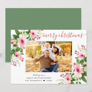 Elegant Merry Christmas Watercolor Floral Photo Holiday Card