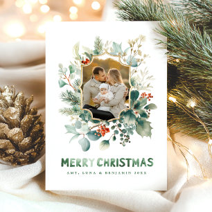 Elegant Merry Christmas Watercolor Greenery Holiday Card