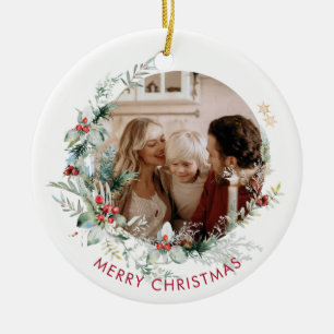 Elegant Merry Christmas wreath photo Ceramic Ornam Ornament