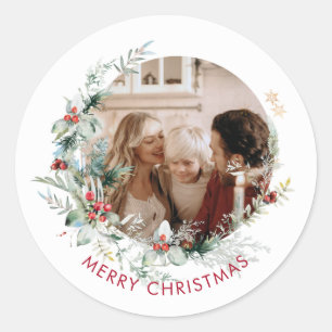 Elegant Merry Christmas wreath photo  Classic Roun Round Sticker