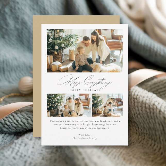 Elegant Merry Everything 3 Photo Christmas Family Holiday Card (Creator Uploaded)