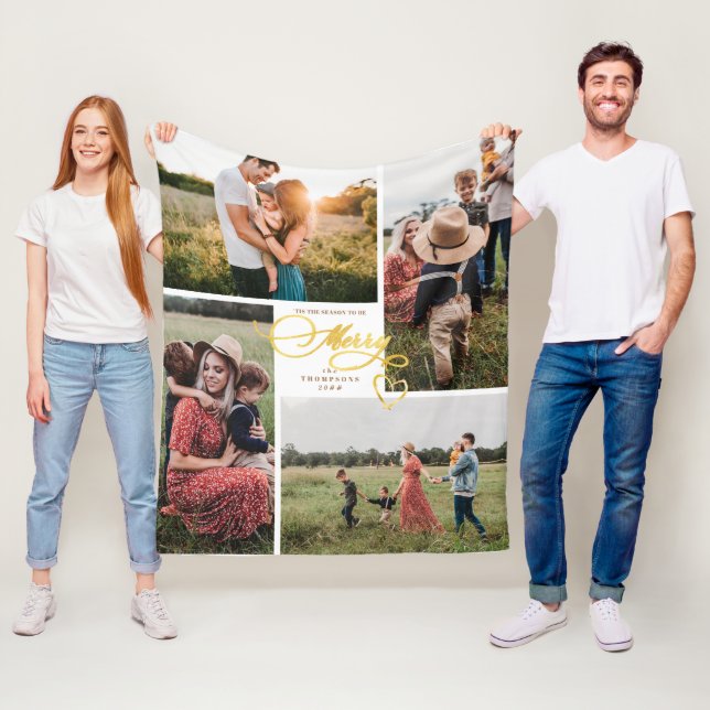 Elegant Merry Gold Christmas Four Photo Collage Fleece Blanket (In Situ)