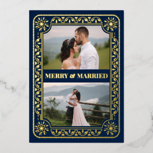 Elegant Merry & Married 2 Photo Custom Gold Foil H Foil Holiday Card