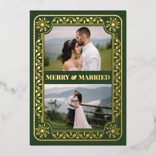 Elegant Merry & Married 2 Photo Custom Gold Foil Holiday Card