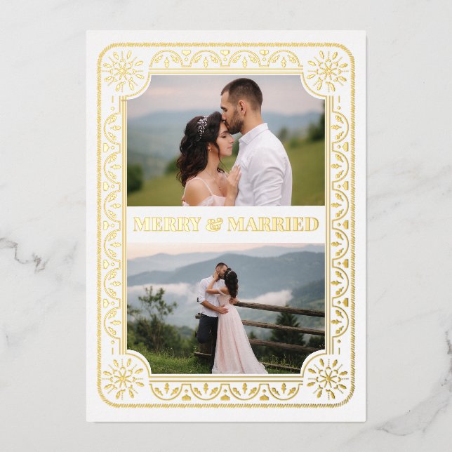 Elegant Merry & Married 2 Photo Gold Custom Foil Holiday Card (Front)