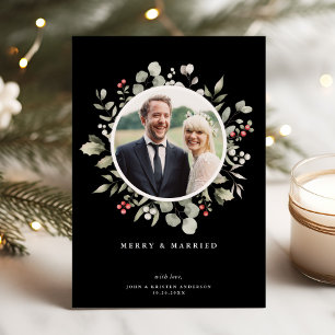 Elegant Merry & Married Greenery Wreath Photo Holiday Card