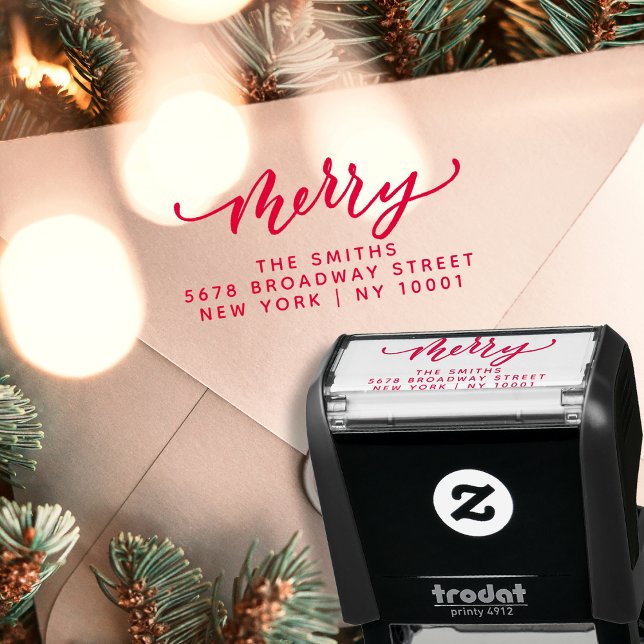 Elegant Merry Script Red Christmas Return Address Self-inking Stamp (Creator Uploaded)