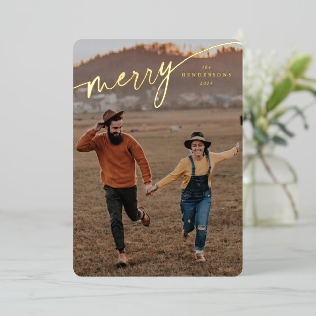 Elegant Merry Typographic Script Foil Holiday Card (Standing Front)