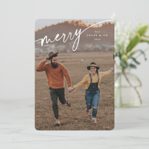Elegant Merry White Typographic Script Holiday Card