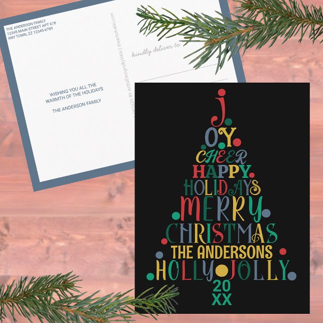 Elegant Merry Word Art Tree Colourful Black Cute Postcard (Creator Uploaded)