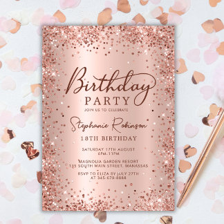 Elegant Metal Rose Gold Glitter 18th Birthday  Invitation