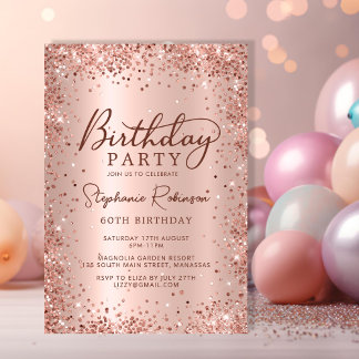 Elegant Metal Rose Gold Glitter 60th Birthday  Invitation